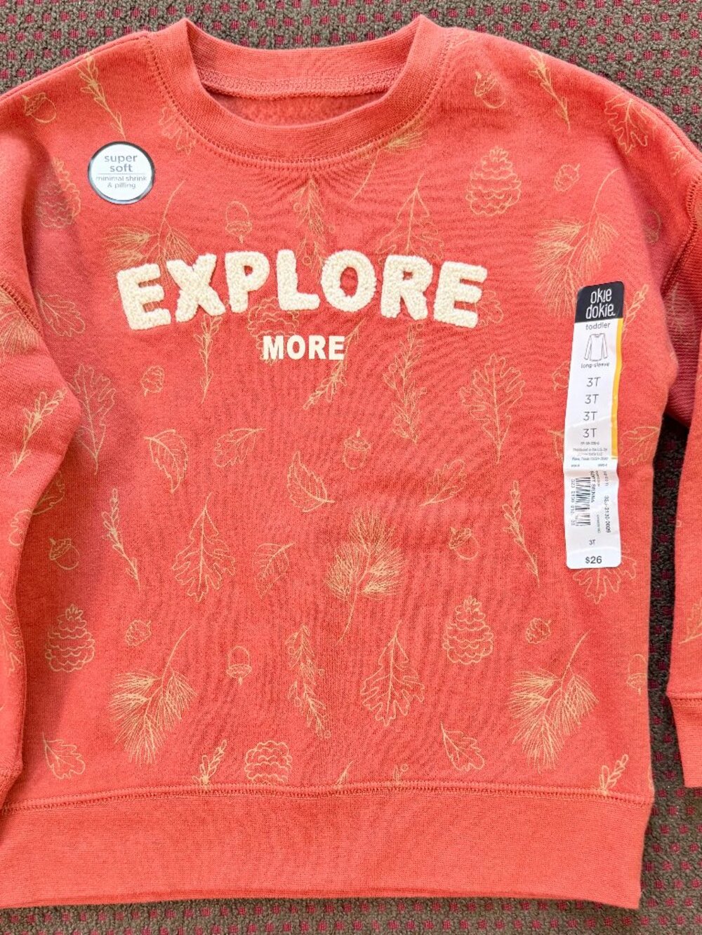NWT Okie Dokie 3T Rust Fall Leaves Chenille EXPLORE Crewneck Sweatshirt